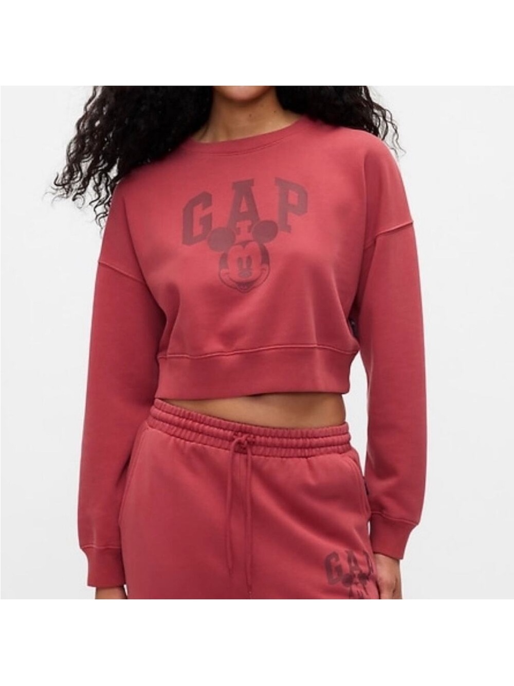 GAP Women's Cropped Sweatshirt in Rose Red with Mickey Logo